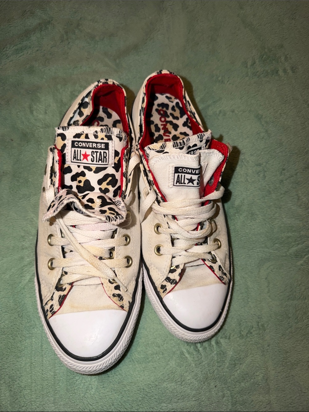 Converse All Star Low Top Sneakers -White, Black & Red with Leopard Accent Sz 10